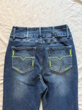 Straight Leg Women’s Dark Blue Jeans with Neon Green Accent